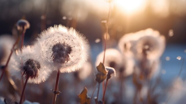 dandelions in the snow sunrise at morning, romantic  relaxing calming scene , shallow depth of field, soft blur, fresh cold winter, generative ai