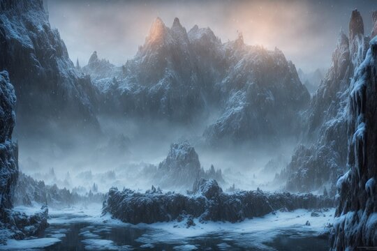 beautiful landscape view on a winter day with amazing mountains in a fantasy snowy world. Generative AI
