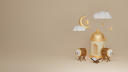 Islamic display decoration background with arabic lantern, quran, bedug, star, moon ornament for ramadan kareem, mawlid, iftar, isra miraj, eid al fitr adha, muharram, 3D illustration