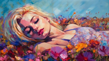 Obraz na płótnie Canvas Relaxed beautiful woman sleeping on dreamy flowers watercolor paint illustration, pastel vivid beauty colors, oil brush strokes blue tone, Generative ai 