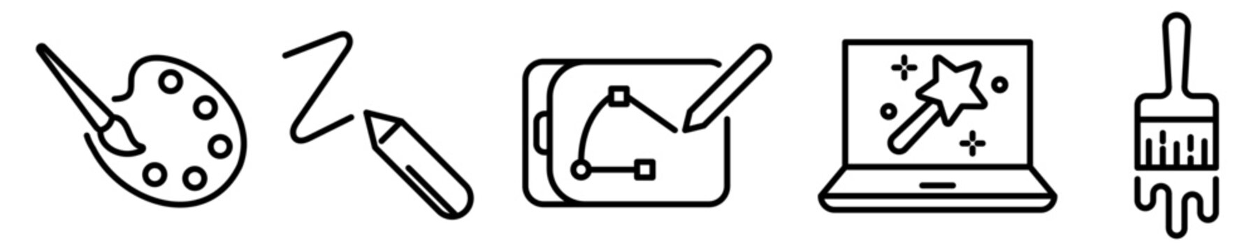 Conjunto de iconos de arte. Concepto de creatividad y creaci&oacute;n. Dise&ntilde;o gr&aacute;fico, Ilustrador, dibujar, pintar. Arte digital. Ilustraci&oacute;n vectorial