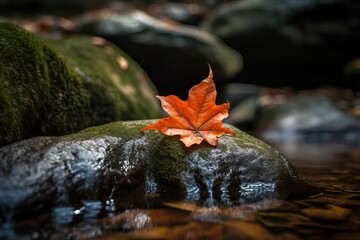 Maple leaf on rocky stream river (Ai generated)