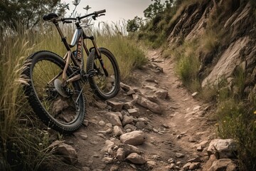 Fototapeta na wymiar Mountain biking trail ride on a high-end bike (Ai generated)