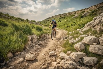 Obraz premium Thrilling mountain biking adventure on rocky terrain (Ai generated)