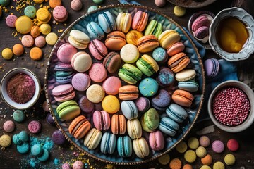 Fototapeta na wymiar Assorted macaron in bright colors on a platter (Ai generated)