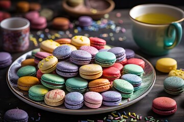Obraz na płótnie Canvas Assorted macaron in bright colors on a platter (Ai generated)
