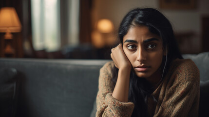 Unhappy depressed Indian woman holding head in hands, sitting alone on couch at home, stressed young female worried about bad relationship Generative AI - obrazy, fototapety, plakaty