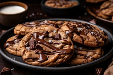 Fresh out of the oven chocolate chip cookies with melted chocolate (Ai generated)