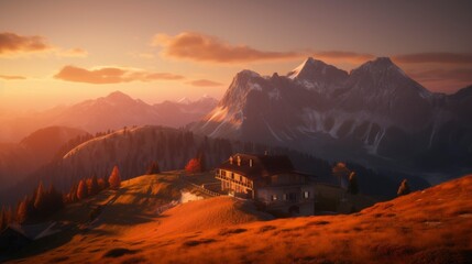 Fototapeta premium Chalet illuminated by sunset light, nestled in snow-covered mountains with a serene winter landscape and dramatic skies in the background