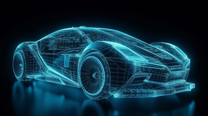 Fototapeta na wymiar Frontside Futuristic AR car wireframe concept, generative ai, Augmented reality wireframe of car concept with blue background Generative AI