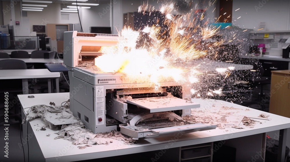 Wall mural blast the printer with a paper document file. printed page. problems with appliances in the office.
