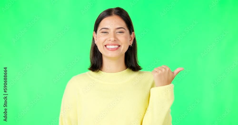 Canvas Prints Portrait, pointing and green screen with an advertising woman in studio for marketing or product placement. Hand gesture, product placement and options with an attractive young female on chromakey