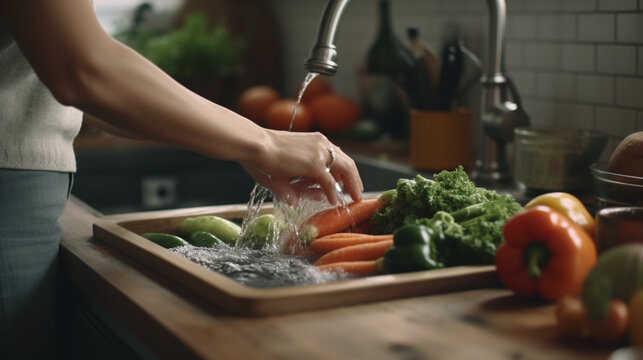 Woman washing vegetables on kitchen counter. close up.