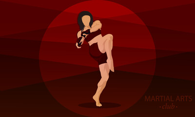 Fototapeta na wymiar A fighter, a girl is engaged in martial arts. Knee strike, fighting position. Abstract dark red background.