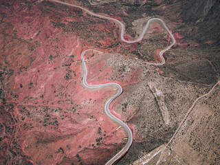 Aerial photo of a curvy road in Los Andes, Argentina