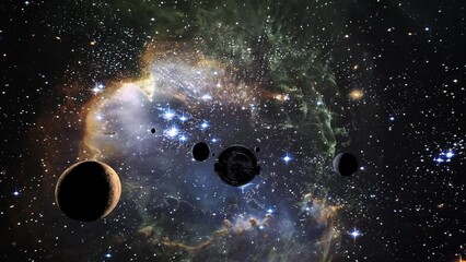 Spaceship travel in alien landscape with planets and galaxies. - Powered by Adobe