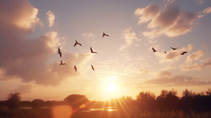 Birds flying over sky sunrise background, concept : World environment day, peace and freedom ,Generative AI 