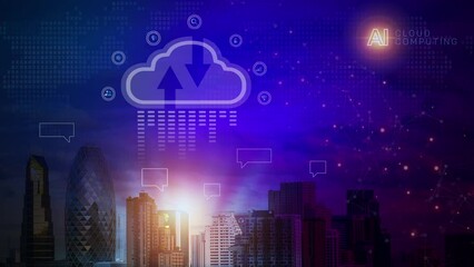 Cloud computing icon with downtown skyscrapers in Bangkok cityscape. Cloud technology and online data storage for global data sharing for communication, business and technology concept. - Powered by Adobe