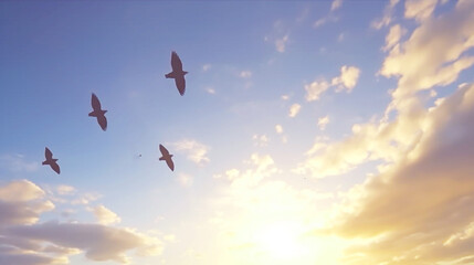 Naklejka na ściany i meble Birds flying over sky sunrise background, concept : World environment day, peace and freedom ,Generative AI 