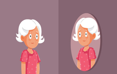 Senior Woman Looking in the Mirror Checking Herself Aging Vector illustration. Old lady aged gracefully accepting mortality and human destiny 
