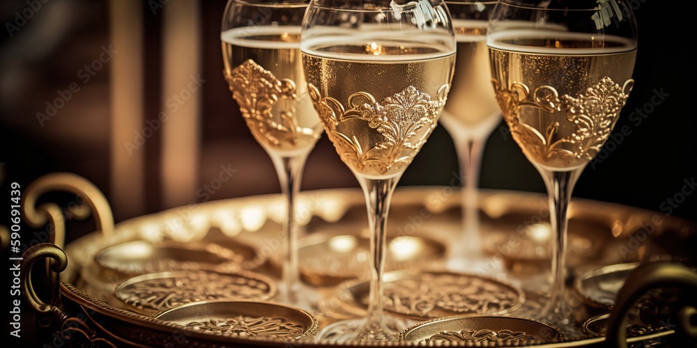 Poster champagne flutes with a serving tray close-up generative ai