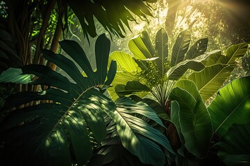 Tropical green plants under the rays of the morning (Ai generated)