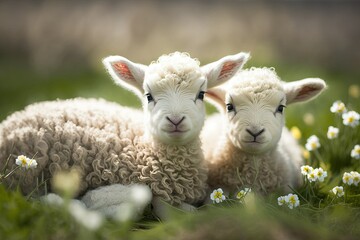 Obraz premium Spring Delights: Two Playful Newborn Lambs (Ai generated)