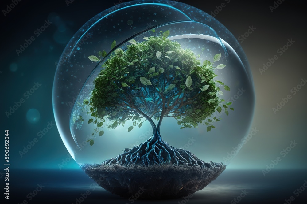 Poster a forest within a transparent sphere. convergence of digital technologies. the ambience is blue-lit 