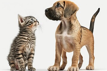 Puppy and tabby kitten stand together on white background
