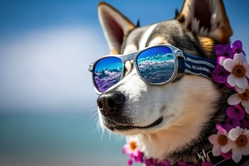 Sunny Siberian: Husky Beach Day in Sunglasses (Ai generated)