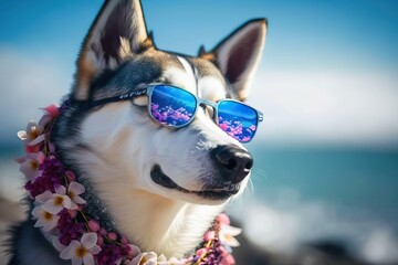Beach Babe: Siberian Husky Posing in Sunglasses (Ai generated)