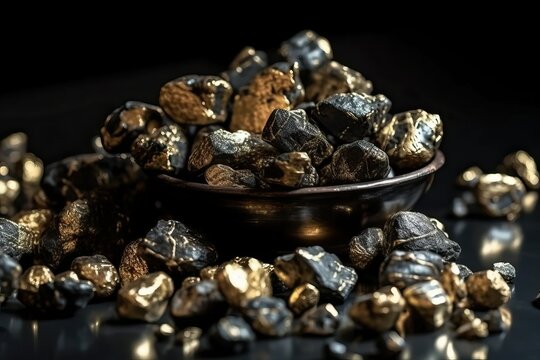 Gold, Glistening pyrite nuggets on black background (Ai generated)