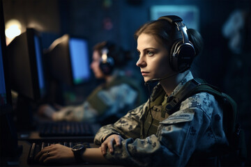 Naklejka premium Military Surveillance Officer in Headset Working in a Central Office Hub for Cyber Operations, Control and Monitoring for Managing National Security, Technology and Army Communications. Generative AI