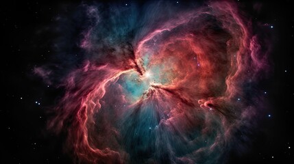Artistic rendering of the Orion nebula astronomy photography from a telescope as a stars and cosmic background