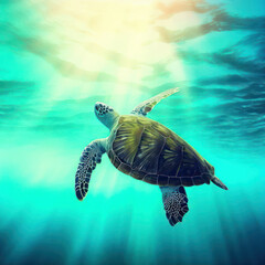Sea turtle in the turquoise ocean water, sunlight shining above, generative AI