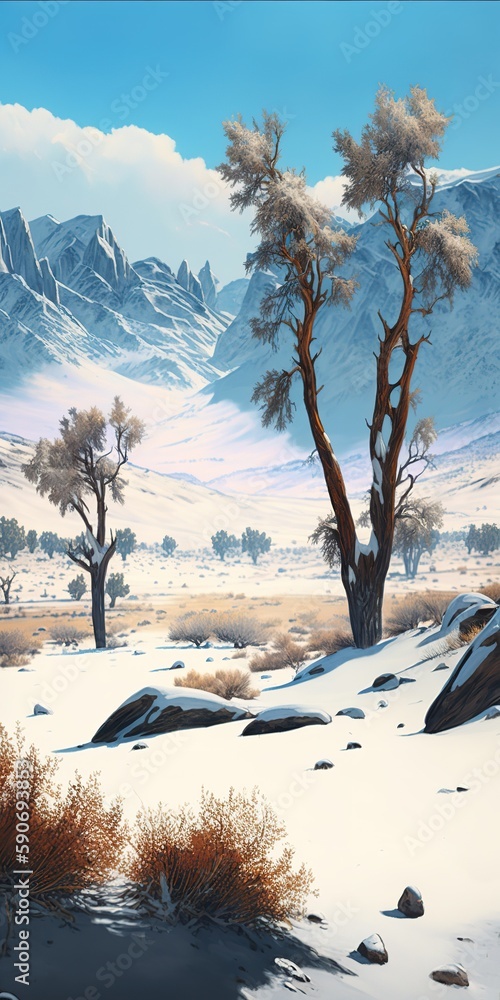 Poster Daytime trees and distant snowy mountains Generative AI