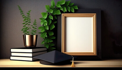 Photo frame with graduation cap for celebration. Graduation cap with diploma and blank wood frame. AI Generated.