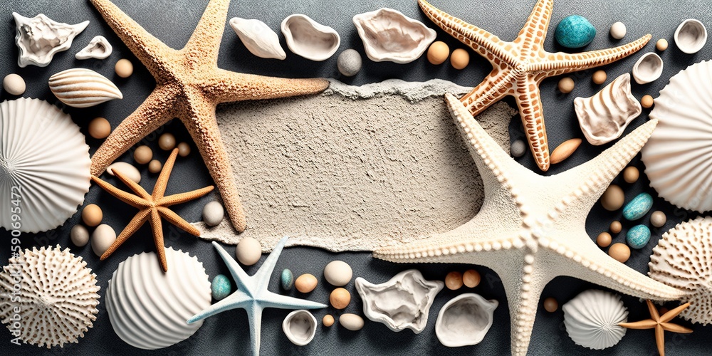 Poster copy space with a top view of starfish and seashells generative ai