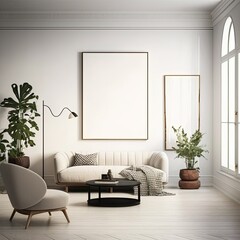 mock up poster frame in modern interior background  living room  Scandinavian style  3D render  3D illustration