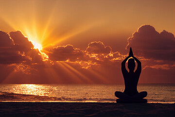 Fototapeta premium Woman practices yoga and meditation on the beach at sunset, back view, generative AI