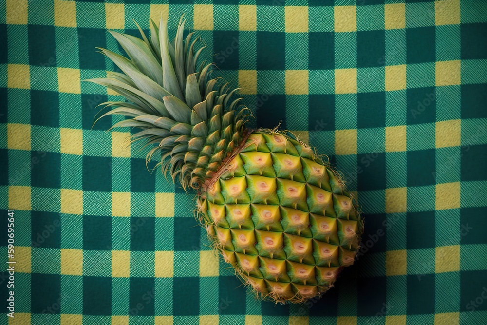 Poster pineapple on a green background with a checkered fabric, seen from above generative ai