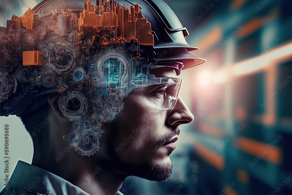 Poster technological engineer portrait ensuring high-quality and precise production quota on factory assemb