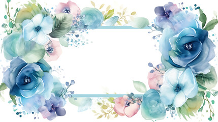 Blue Watercolor Floral Frame, Generative AI