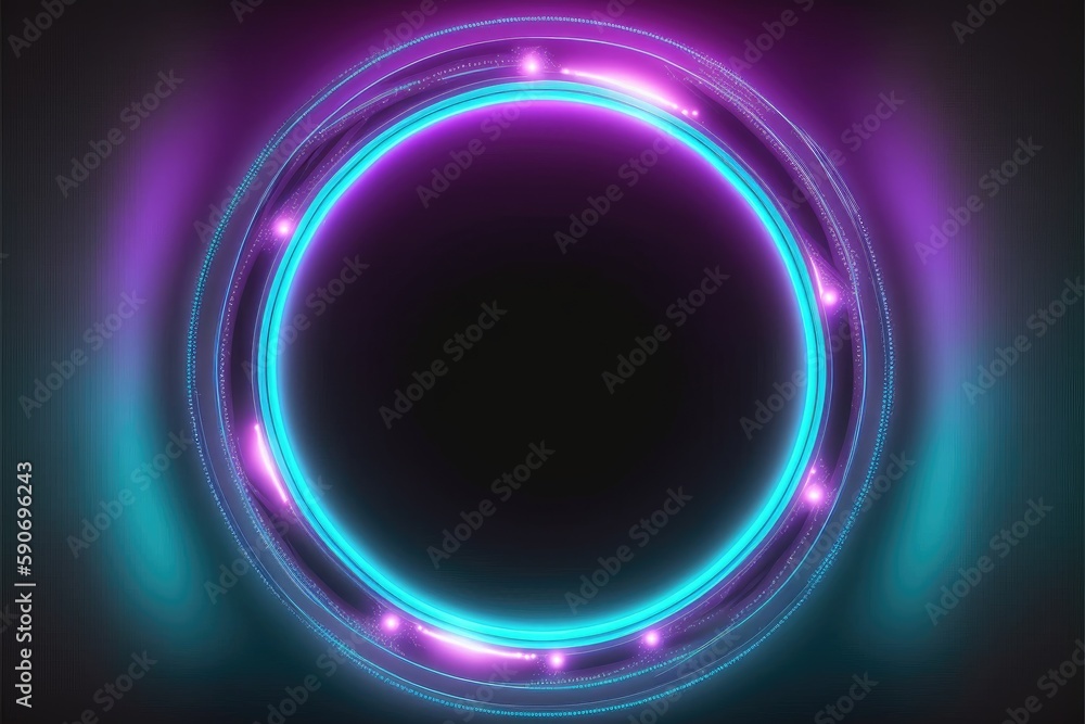 Poster abstract of neon circle shape isolated on space background in spotlight. theme of lighting frame dig