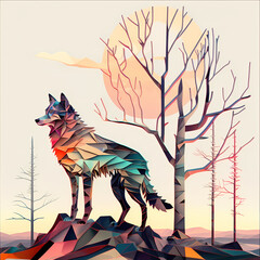 Wolf Full Colours Painting Illustration. Generative AI