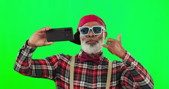 Black man, selfie and peace sign on green screen with hand, call me sign and smile for social media app. Senior african influencer, male and photography with fashion and cool style on background