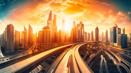 A modern city with a futuristic bridge and skyscrapers, showcasing stunning architecture and design