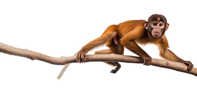 Cute brown chimpanzee playing in a tree