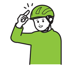 A person line drawing pointing at a helmet