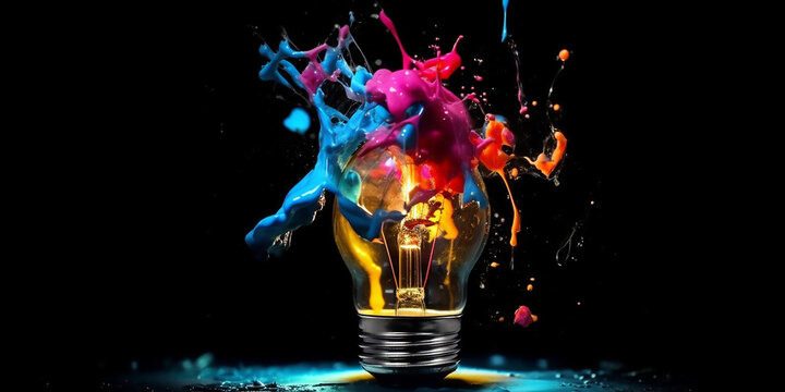 Creative concept with exploding light bulb and paint